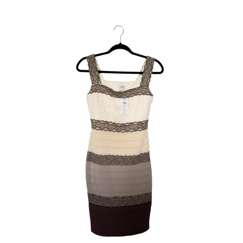 Cache Size 4 Ivory Taupe Lace Colorblock Sleeveless Dress Cottagecore Whimsigoth